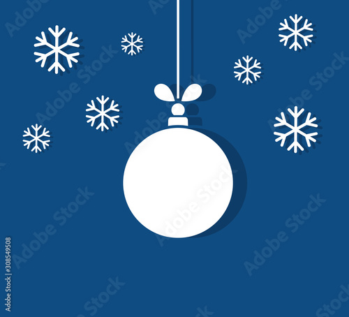 Christmas ball ornament and snowflakes on blue background.