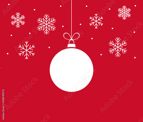 Christmas ball ornament and snowflakes on red background. Vector illustration.