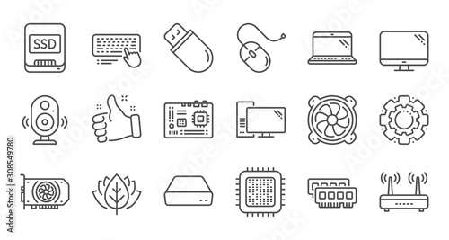 Computer device line icons. Motherboard, CPU and Laptop. SSD memory linear icon set. Quality line set. Vector