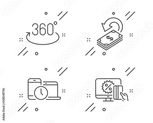 Cashback, Time management and Full rotation line icons set. Online shopping sign. Financial transfer, Laptop device, 360 degree. Black friday. Technology set. Line cashback outline icon. Vector