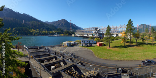 Panoramic view to Bonneville Dam on the Columbia river from visitor center. photo