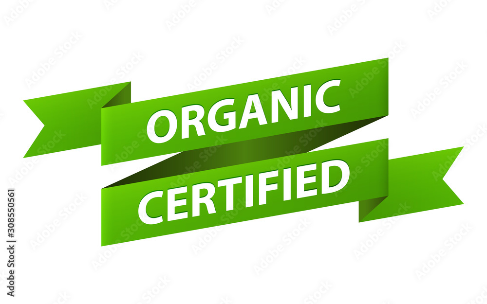 Organic Certified green ribbon banner icon isolated on white background. Natural product. Vector illustration Organic Certified green ribbon banner icon isolated on white background. Natural product. Vector illustration
