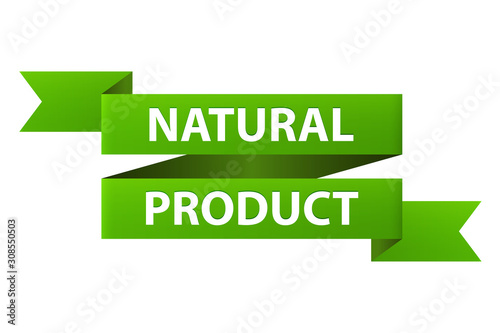 Natural and organic product 100% green ribbon banner icon isolated on white background. Vector illustration © graphego