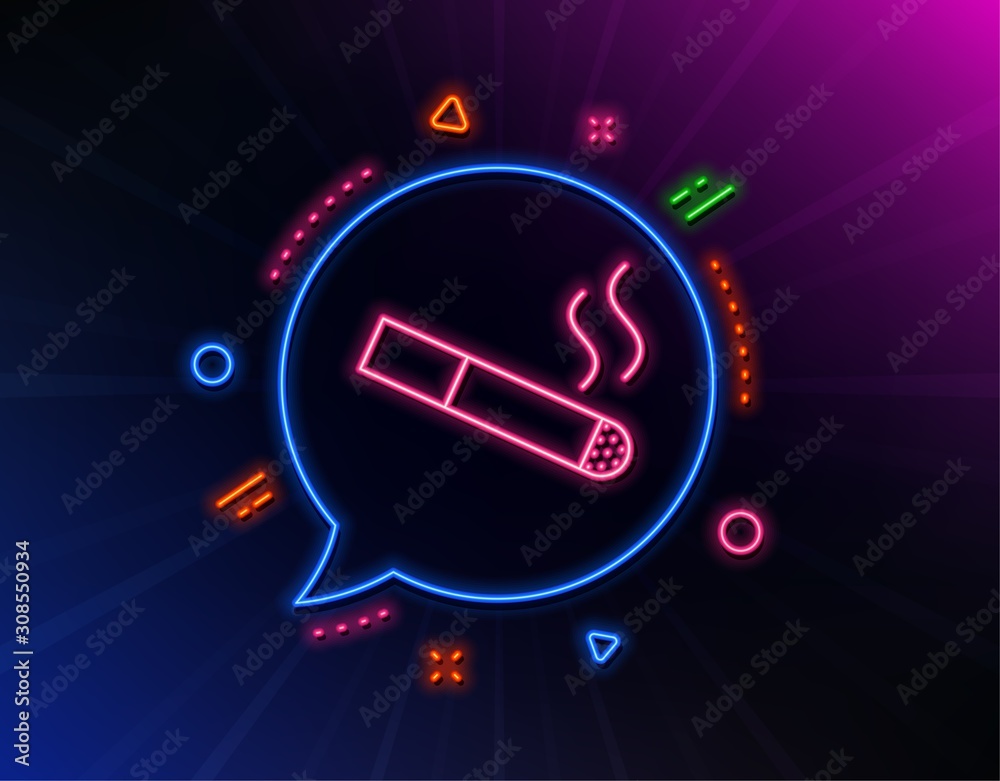 Smoking area line icon. Neon laser lights. Cigarette sign. Smokers zone symbol. Glow laser speech bubble. Neon lights chat bubble. Banner badge with smoking icon. Vector