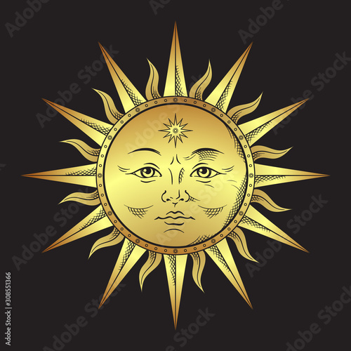 Antique style gold sun hand drawn line art. Boho chic tattoo, poster, altar veil, tapestry or fabric print design vector illustration.