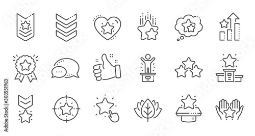 Ranking line icons. First place, star rating and winner medal. Shoulder strap, army achievement and star ranking icons. Linear set. Quality line set. Vector