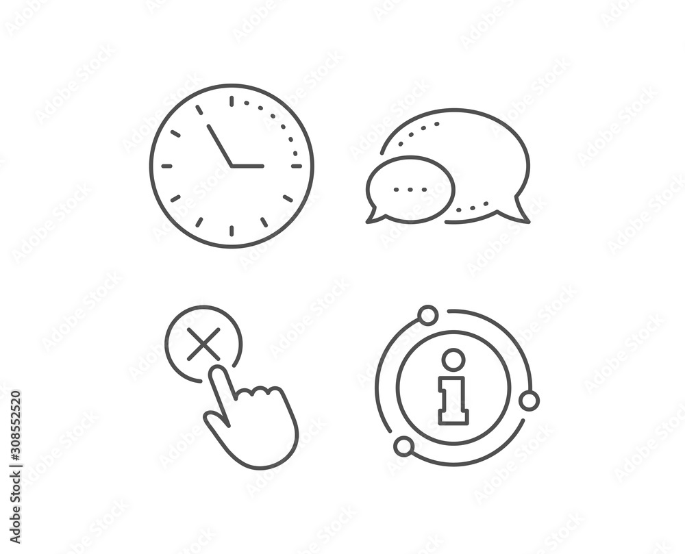 Reject click line icon. Chat bubble, info sign elements. Decline or remove button sign. Linear reject click outline icon. Information bubble. Vector Reject click line icon. Chat bubble, info sign elements. Decline or remove button sign. Linear reject click outline icon. Information bubble. Vector