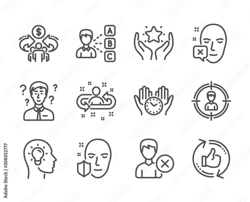 Set of People icons, such as Safe time, Sharing economy, Ranking, Face protection, Support consultant, Remove account, Headhunting, Recruitment, Face declined, Opinion, Refresh like. Vector Set of People icons, such as Safe time, Sharing economy, Ranking, Face protection, Support consultant, Remove account, Headhunting, Recruitment, Face declined, Opinion, Refresh like. Vector