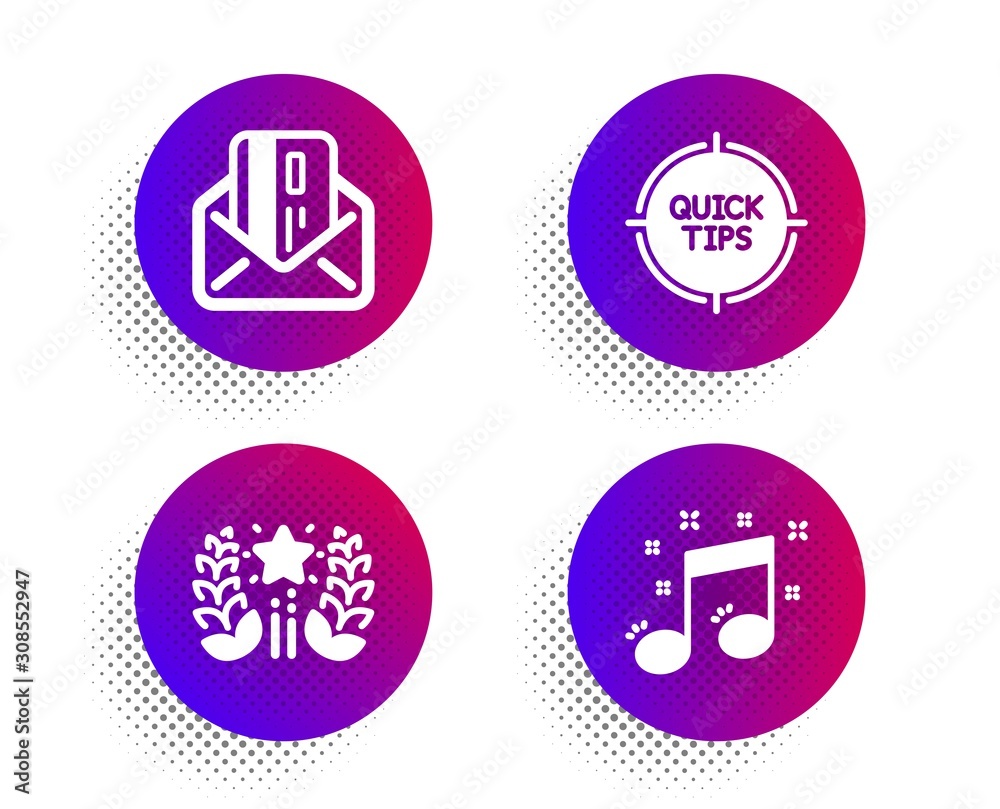 Ranking, Tips and Credit card icons simple set. Halftone dots button. Musical note sign. Laurel wreath, Quick tricks, Mail. Music. Education set. Classic flat ranking icon. Vector