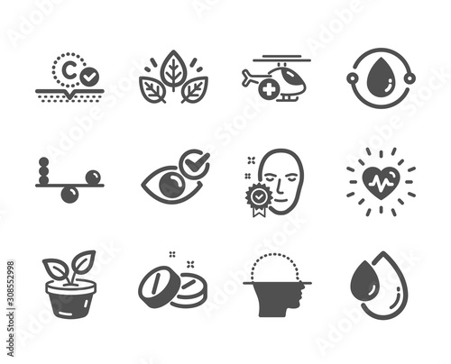 Set of Healthcare icons, such as Medical tablet, Check eye, Heartbeat, Oil drop, Organic tested, Leaves, Balance, Face scanning, Face verified, Collagen skin, Medical helicopter. Vector