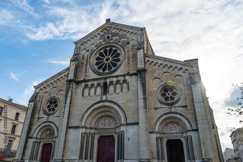 St Paul Church Gothic church with one spire and rose window in Nimes. Gard, Provence, France, Europe St Paul Church Gothic church with one spire and rose window in Nimes. Gard, Provence, France, Europe