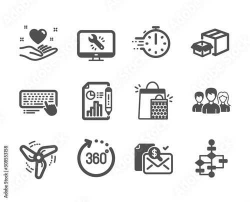 Set of Business icons, such as Block diagram, Computer keyboard, Accounting report, Shopping bags, 360 degrees, Report document, Cooking timer, Monitor repair, Packing boxes, Wind energy. Vector