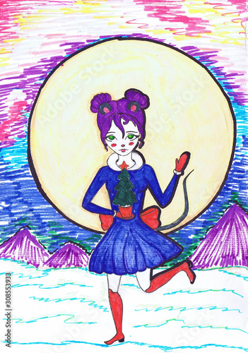 A girl in a masquerade mouse suit with a little Christmas tree in her hand. Children 's drawing photo