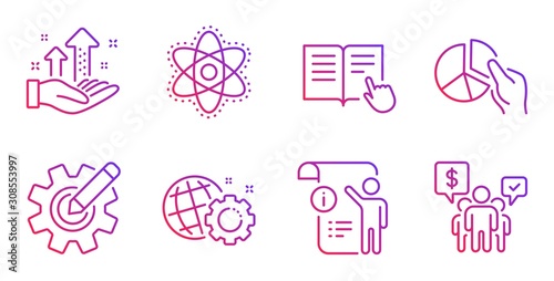 Seo gear, Read instruction and Manual doc line icons set. Cogwheel, Chemistry atom and Pie chart signs. Analysis graph, Teamwork symbols. Web settings, Opened book. Science set. Vector