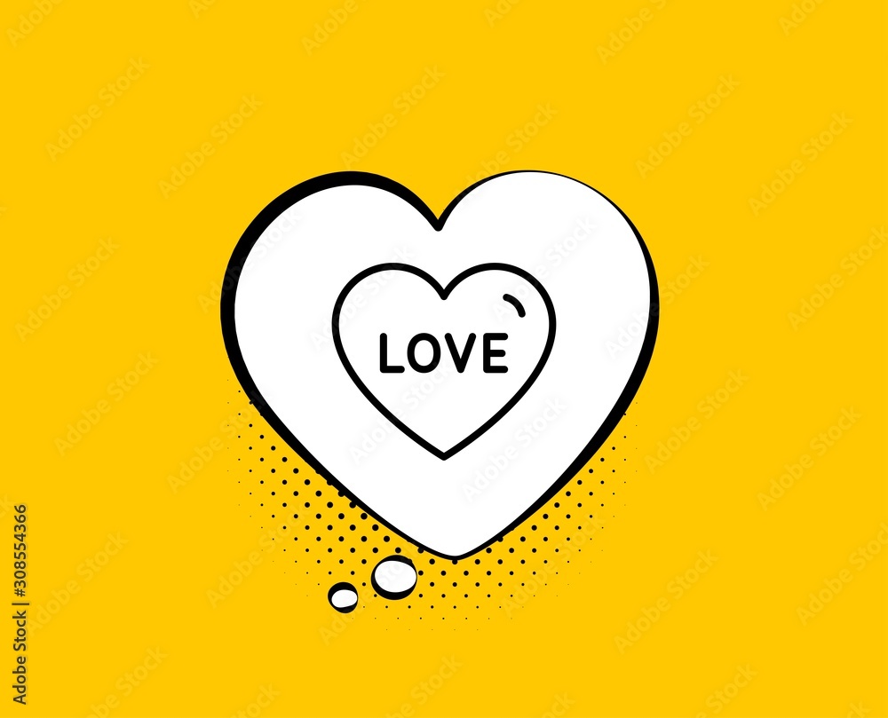 Love line icon. Comic speech bubble. Sweet heart sign. Valentine day symbol. Yellow background with chat bubble. Love icon. Colorful banner. Vector Love line icon. Comic speech bubble. Sweet heart sign. Valentine day symbol. Yellow background with chat bubble. Love icon. Colorful banner. Vector