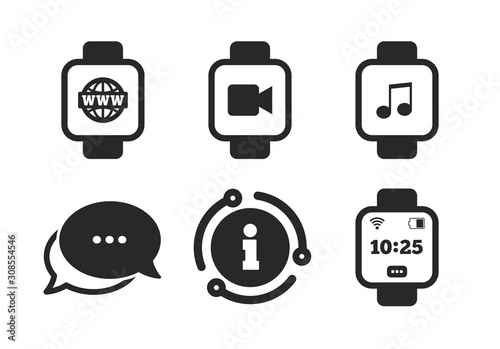 Wrist digital time watch symbols. Chat, info sign. Smart watch icons. Music, Video, Globe internet and wi-fi signs. Classic style speech bubble icon. Vector