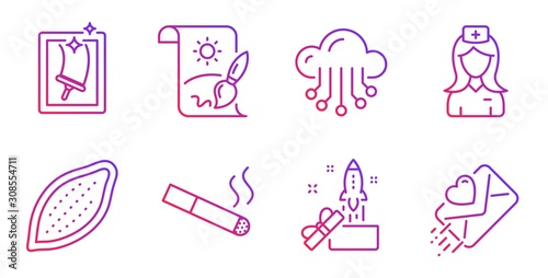 Hospital nurse, Smoking and Window cleaning line icons set. Creative painting, Cocoa nut and Cloud storage signs. Innovation, Love letter symbols. Medical assistant, Cigarette. Business set. Vector