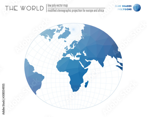 Vector map of the world. Modified stereographic projection for Europe and Africa of the world. Blue Shades colored polygons. Neat vector illustration.