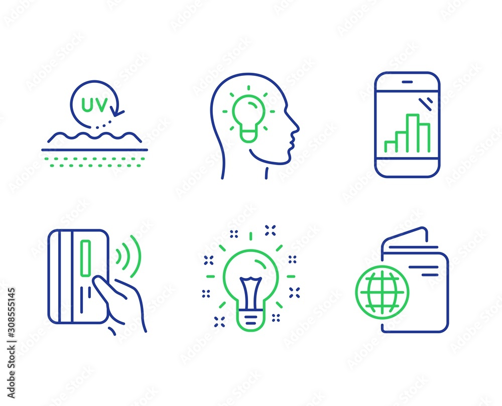 Idea head, Uv protection and Idea line icons set. Graph phone, Contactless payment and Travel passport signs. Lightbulb, Skin cream, Creativity. Mobile statistics. Business set. Vector Idea head, Uv protection and Idea line icons set. Graph phone, Contactless payment and Travel passport signs. Lightbulb, Skin cream, Creativity. Mobile statistics. Business set. Vector
