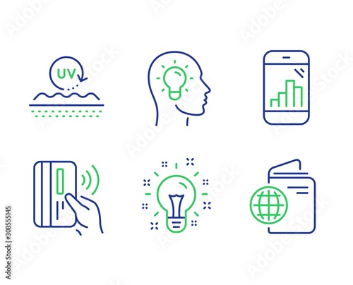 Idea head, Uv protection and Idea line icons set. Graph phone, Contactless payment and Travel passport signs. Lightbulb, Skin cream, Creativity. Mobile statistics. Business set. Vector