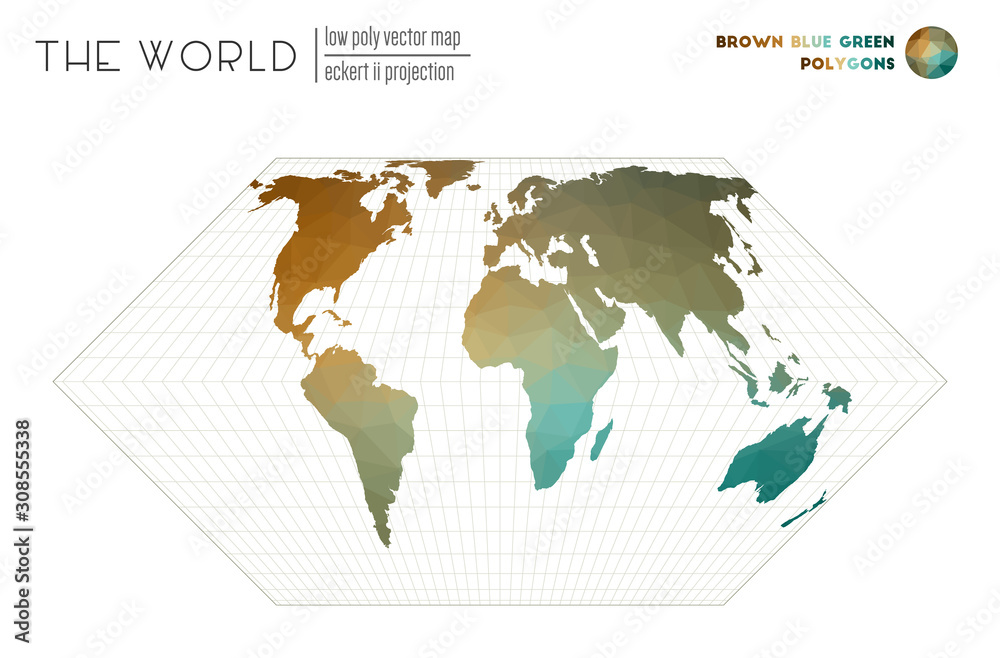 Fototapeta premium Abstract geometric world map. Eckert II projection of the world. Brown, Blue, Green colored polygons. Neat vector illustration.