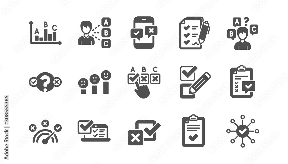 Survey or Report icons. Opinion, Customer satisfaction and Feedback results. Testing classic icon set. Quality set. Vector Survey or Report icons. Opinion, Customer satisfaction and Feedback results. Testing classic icon set. Quality set. Vector