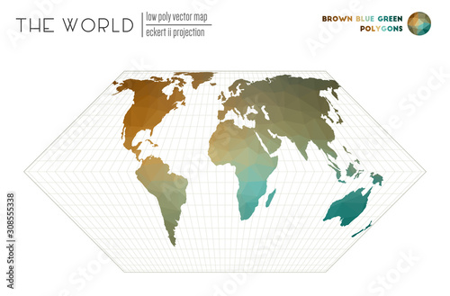 Abstract geometric world map. Eckert II projection of the world. Brown Blue Green colored polygons. Neat vector illustration.