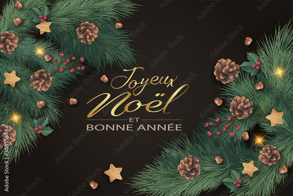 Bannière ou carte de noël et nouvel an - Joyeux noel et bonne année branche sapin pomme de pin étoile confettis fond noir