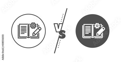 Technical instruction sign. Versus concept. Engineering documentation line icon. Line vs classic engineering documentation icon. Vector