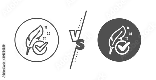 Feather sign. Versus concept. Hypoallergenic tested line icon. No synthetic symbol. Line vs classic hypoallergenic tested icon. Vector