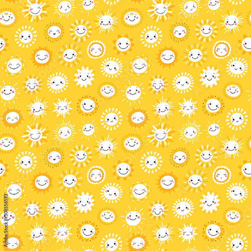 Vector Seamless Pattern with Cute Smiling Sun Kawaii Icons. Sky Background for Kids Fashion, Nursery, Baby Shower Scandinavian Design 