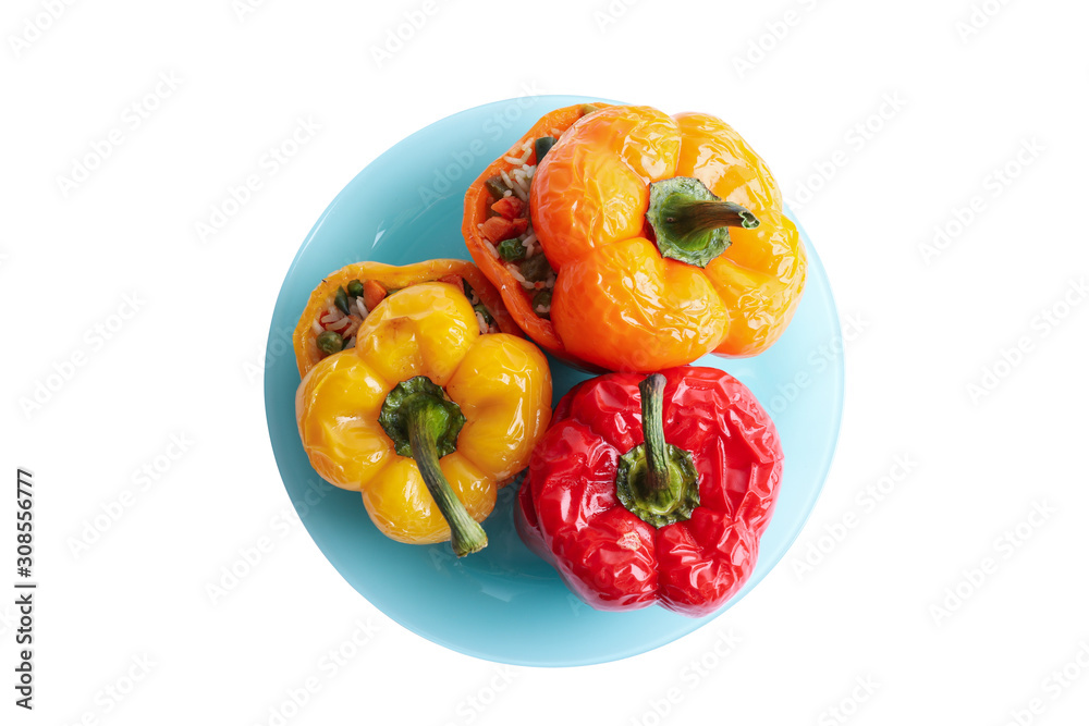 Tasty stuffed bell peppers isolated on white, top view Tasty stuffed bell peppers isolated on white, top view
