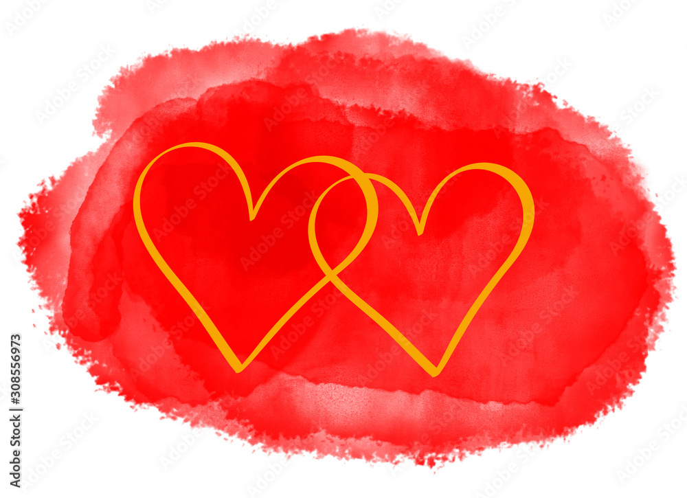 Two intertwined golden hearts on background of big watercolor painted red splash. Love, Valentine's Day, wedding or celebration concept. Computer generated background.
