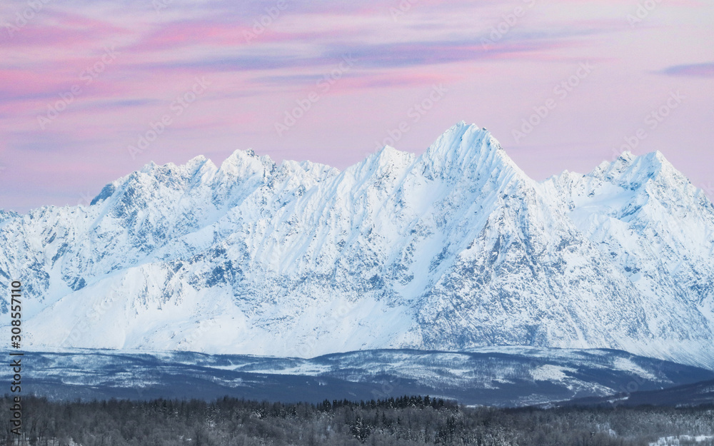 Obraz premium Norway Nordic Landscape winter. Mountain Sunset colors. Pink sky