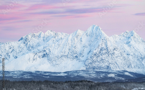 Norway Nordic Landscape winter. Mountain Sunset colors. Pink sky