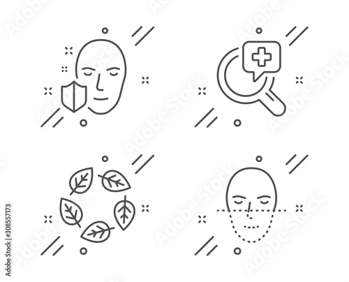 Medical analyzes, Organic tested and Face protection line icons set. Face recognition sign. Medicine, Bio ingredients, Secure access. Faces biometrics. Healthcare set. Vector © blankstock