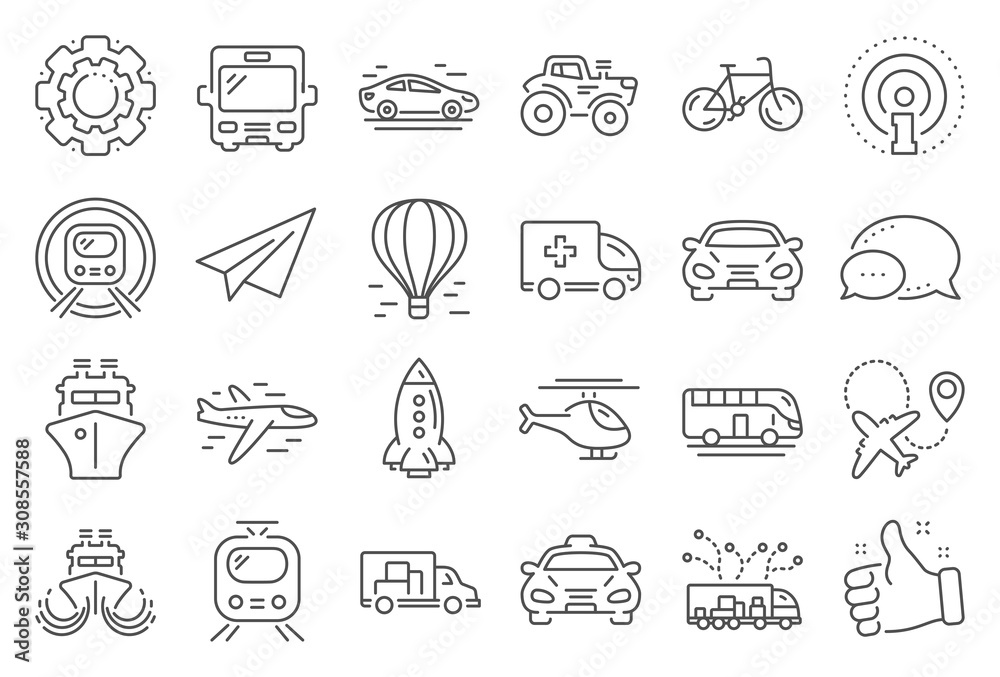 Transport line icons. Taxi, Helicopter and subway train icons. Truck car, Tram and Air balloon transport. Bike, Airport airplane and Ship, subway. Travel bus, ambulance car, paper airplane. Vector Transport line icons. Taxi, Helicopter and subway train icons. Truck car, Tram and Air balloon transport. Bike, Airport airplane and Ship, subway. Travel bus, ambulance car, paper airplane. Vector