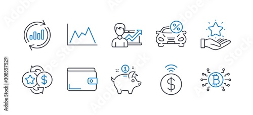 Set of Finance icons, such as Diagram, Update data, Loyalty program, Loyalty points, Contactless payment, Money wallet, Car leasing, Success business, Saving money, Bitcoin system. Vector