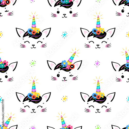 Cute Unicorn Cat Head with Floral Wreath and Stars Seamless Pattern for Kids. Magic Caticorn, Kittycorn Nursery Wallpaper. Magical Kitten Face with Flower Unicorn Horn and Funny Hair Bangs