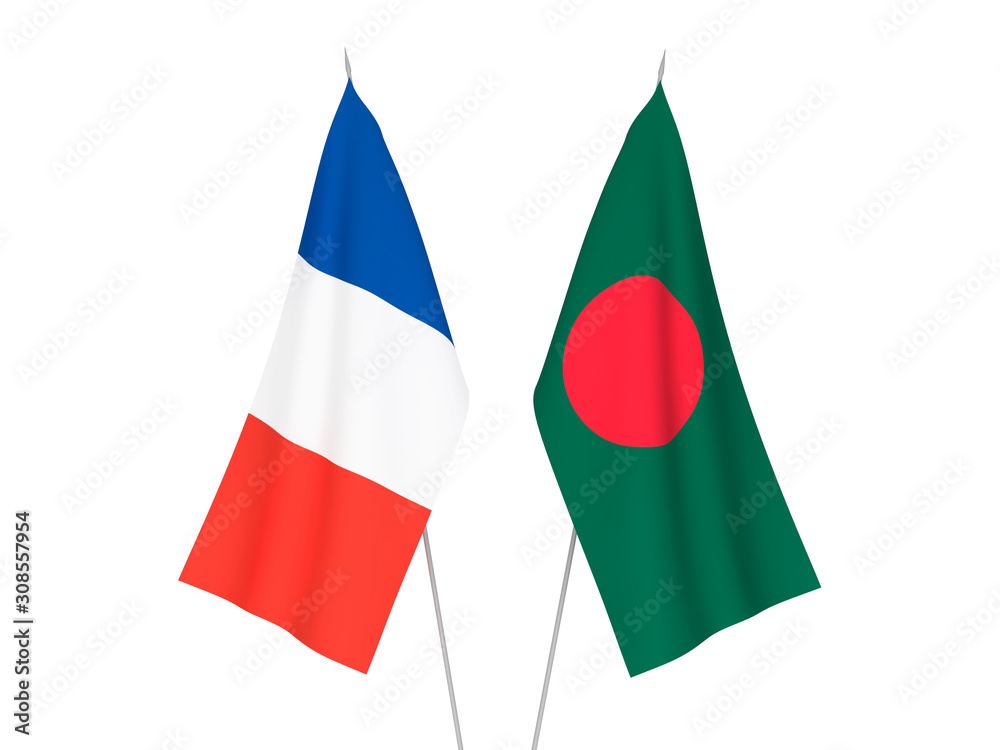 National fabric flags of France and Bangladesh isolated on white background. 3d rendering illustration. National fabric flags of France and Bangladesh isolated on white background. 3d rendering illustration.