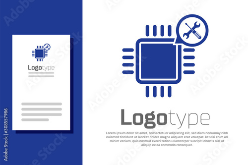 Blue Processor with screwdriver and wrench icon isolated on white background. Adjusting, service, setting, maintenance, repair, fixing. Logo design template element. Vector Illustration