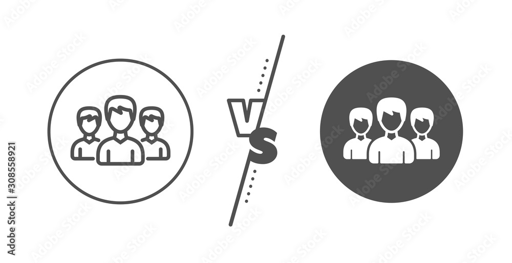 Users or Teamwork sign. Versus concept. Group line icon. Male Person silhouette symbol. Line vs classic group icon. Vector