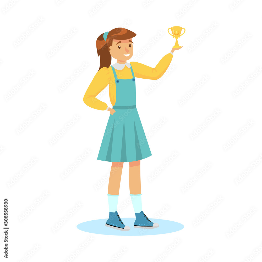 Happy girl winner holding first prize cup vector illustration Happy girl winner holding first prize cup vector illustration