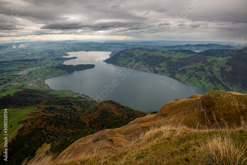 Panoramic view over lake Zug from Rigi Mountain, Lucerne, Switzerland