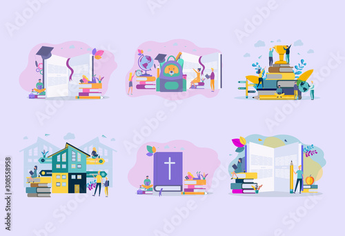 The teacher is teaching a lesson. Back to school, first day of school and new school year, concept of education and classroom, school backpack. Colorful vector illustration
