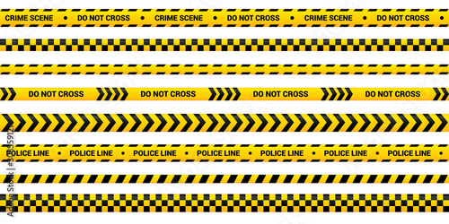 Police tape set, yellow warning strip in 8 different design. Vector police line template for crime area, accident, murder. Yellow border with warning text. © viktoria_ngm