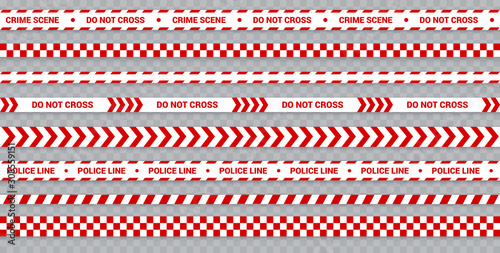 Red police line set, caution and danger tape for crime scene, restricted zone.