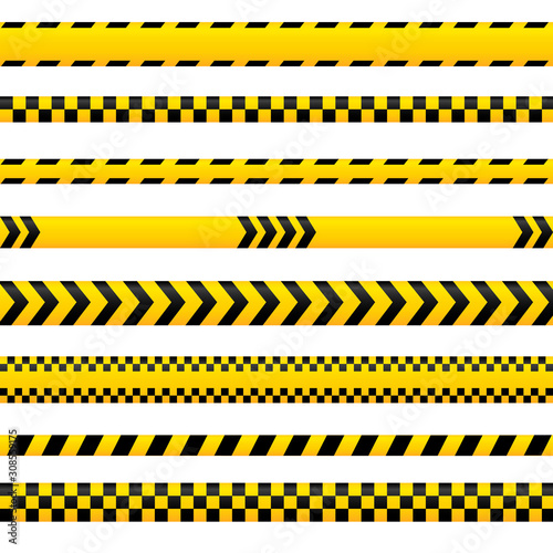 Abstract caution tape, yellow danger lines empty in different styles. Could be used for police, accident, as barrier sign. Vector tapes collection. © viktoria_ngm