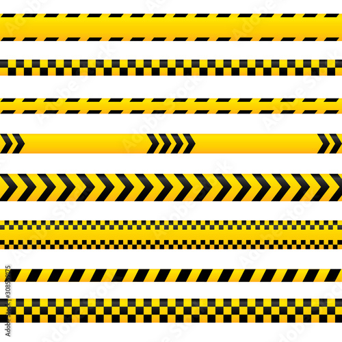 Abstract caution tape, yellow danger lines empty in different styles. Could be used for police, accident, as barrier sign. Vector tapes collection.