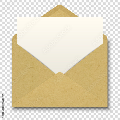 Vector Realistic Brown Craft Envelope with White Paper Sheet Closeup Isolated on Transparent Background. Design Template for Certificate, Document, Letter, Mockpup. Top View